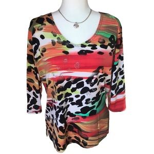 Parisline 3/4 Sleeve Bling Artsy Animal Print Top Size:L